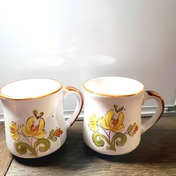 Vintage 1960s MCM Retro JP Casualstone Korea Yellow Floral Coffee Mugs Set 2 - Picture 1 of 9